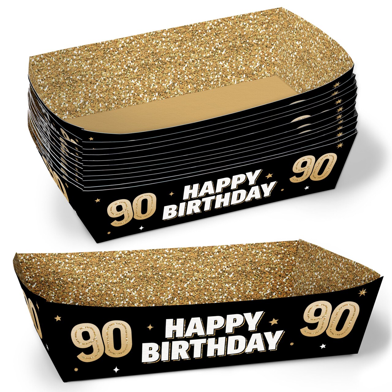 Big Dot of Happiness 90th Birthday Party Paper Food Trays, Disposable Food Boats, Black & Gold, Picnic, BBQ, Double-Sided Paper Meal Holders - 12 Ct